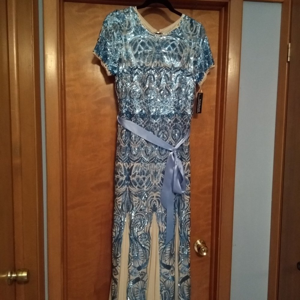 NWT R&M Richards Pleated Sequin Gown Ice Blue 12P